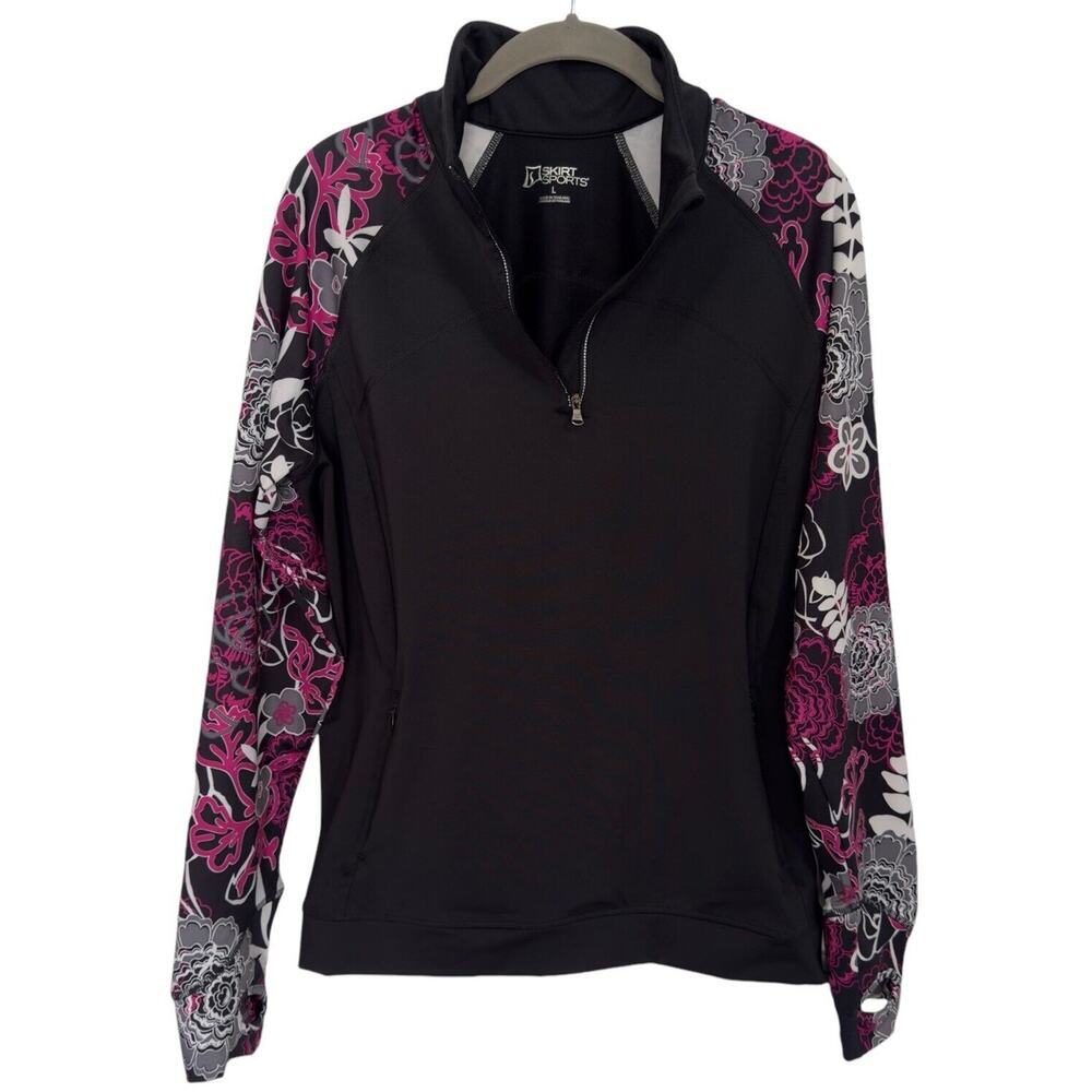Skirt Sports 1/4 Zip Active Stretch Fit Jacket Sz L Black Multi Floral Pockets